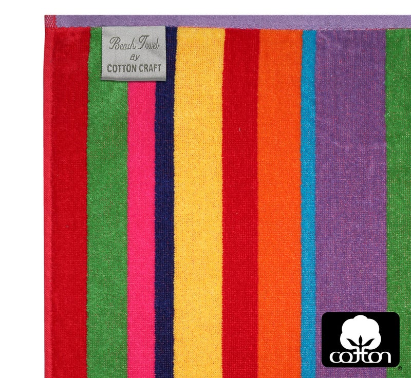COTTON CRAFT Summer of Siam Extra Wide Beach Towel for Two - 58x68 - Pure Cotton - Double Woven Jacquard Thick Plush Super Soft Luxurious Velour Pile - Pool Picnic Bath - 450 GSM - Multi Color Stripe - Image 2